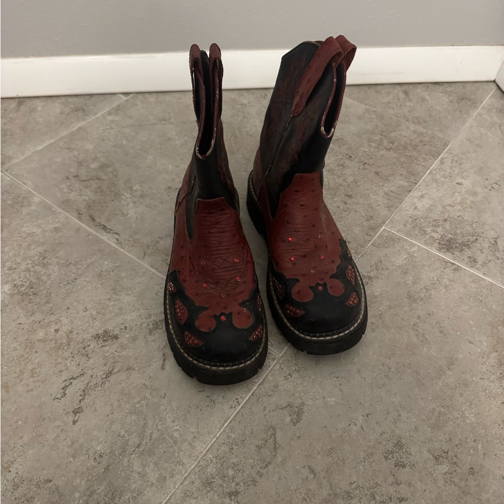 Red and Black Roper Floral Jeweled Western Boots